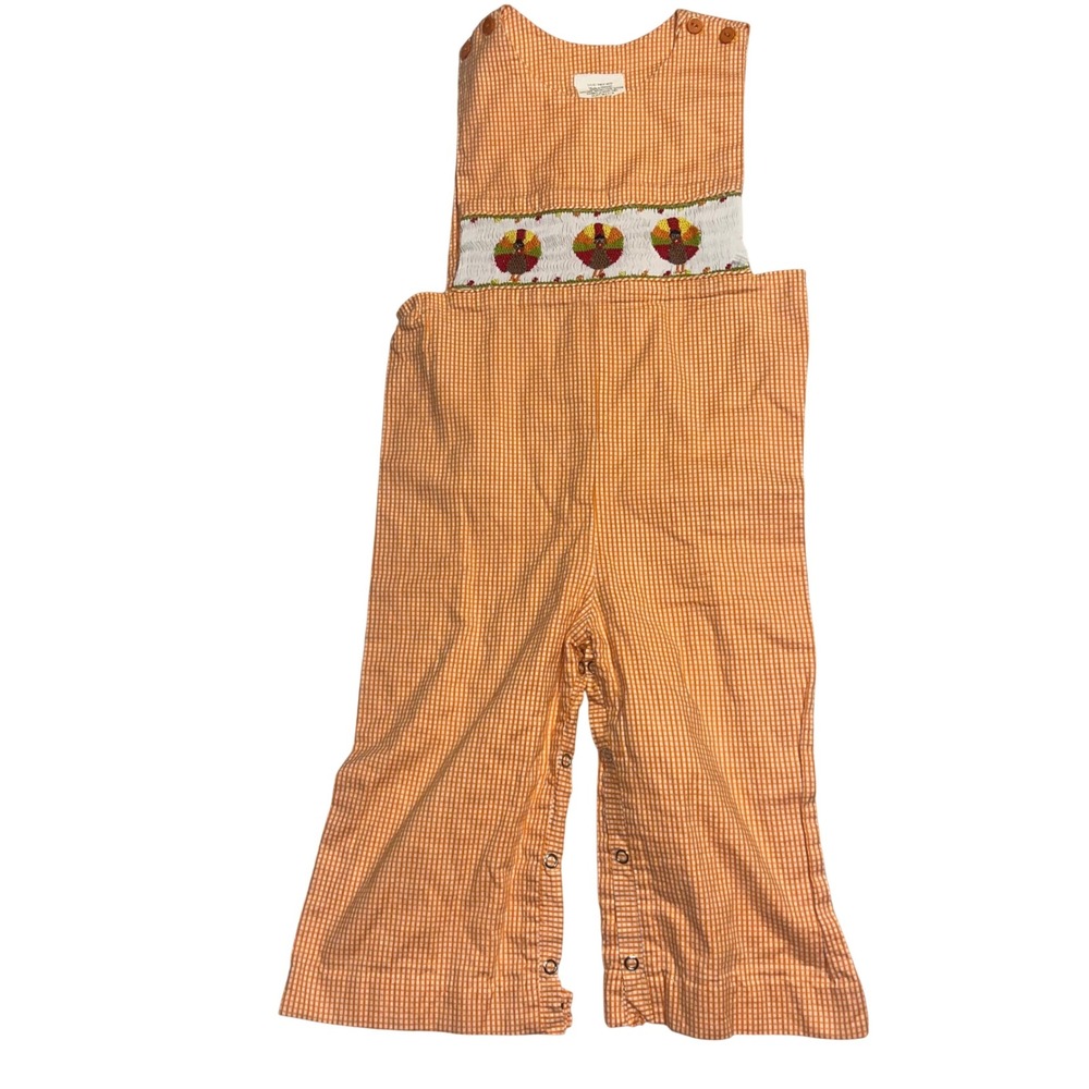 Hand Smocked Thanksgiving Turkey Gingham Longall Jumpsuit Orange White Size 3